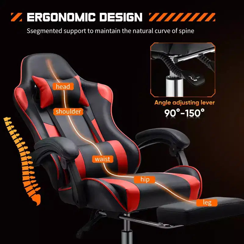 Sedia da Gaming Ergonomica con Poggiapiedi e Comodo Supporto Lombare, Poltrona Reclinabile in Pelle PU con Poggiatesta e Braccioli Fissi