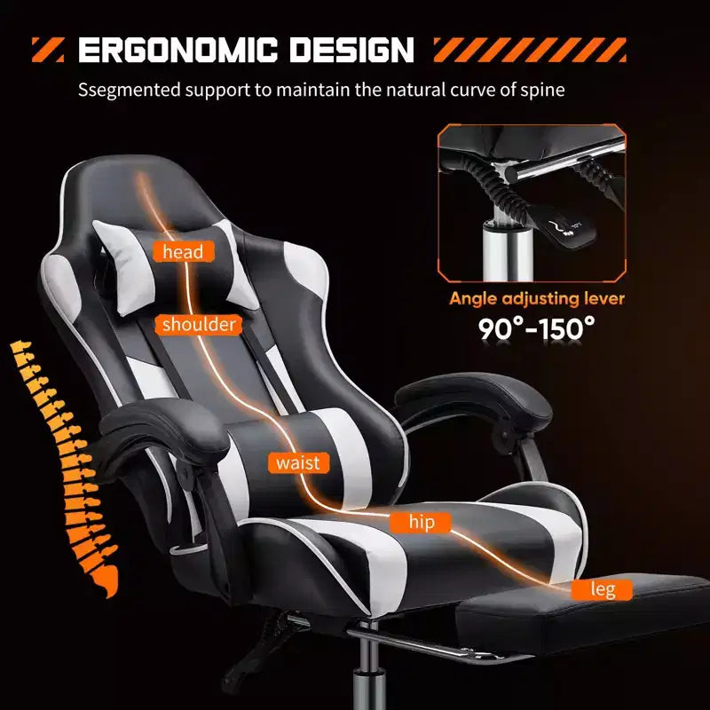 Sedia da Gaming Ergonomica con Poggiapiedi e Comodo Supporto Lombare, Poltrona Reclinabile in Pelle PU con Poggiatesta e Braccioli Fissi