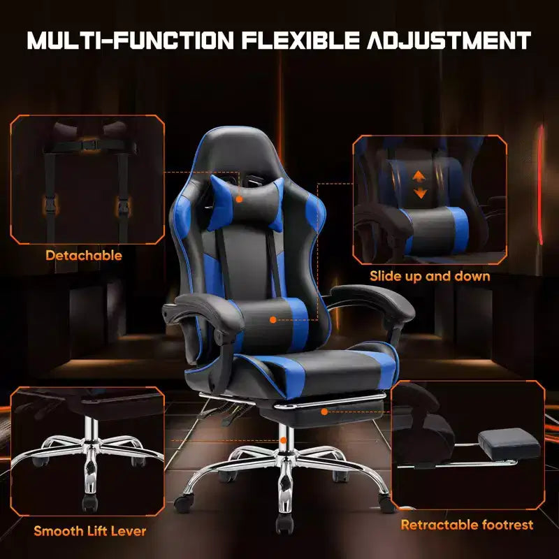 Sedia da Gaming Ergonomica con Poggiapiedi e Comodo Supporto Lombare, Poltrona Reclinabile in Pelle PU con Poggiatesta e Braccioli Fissi