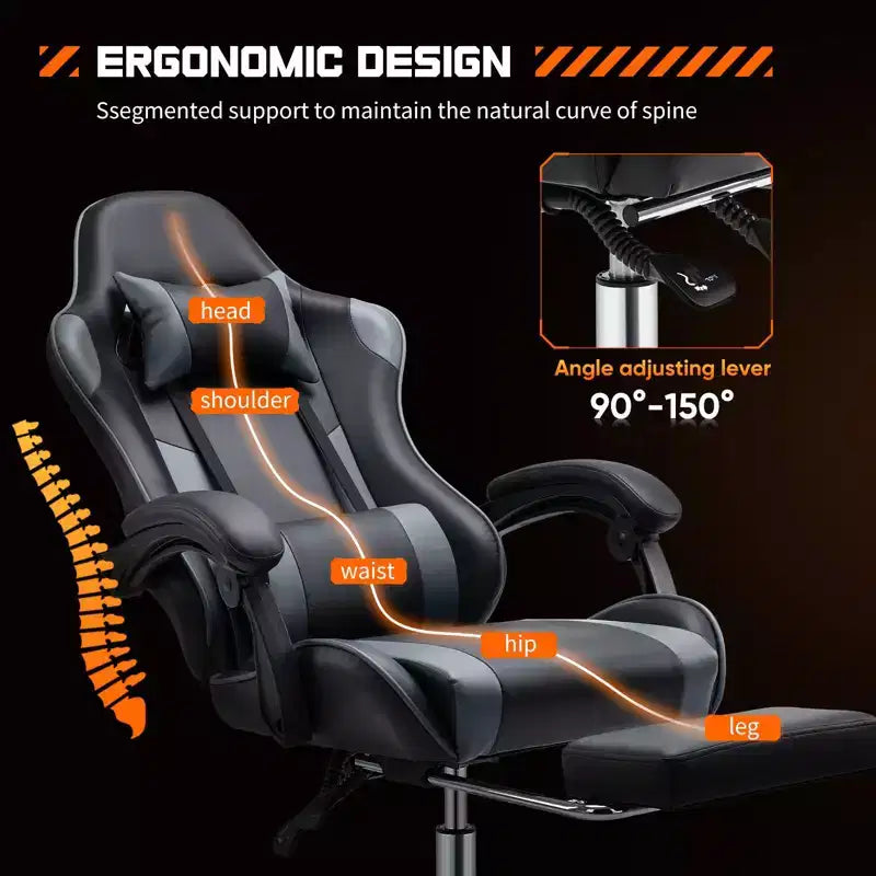 Sedia da Gaming Ergonomica con Poggiapiedi e Comodo Supporto Lombare, Poltrona Reclinabile in Pelle PU con Poggiatesta e Braccioli Fissi
