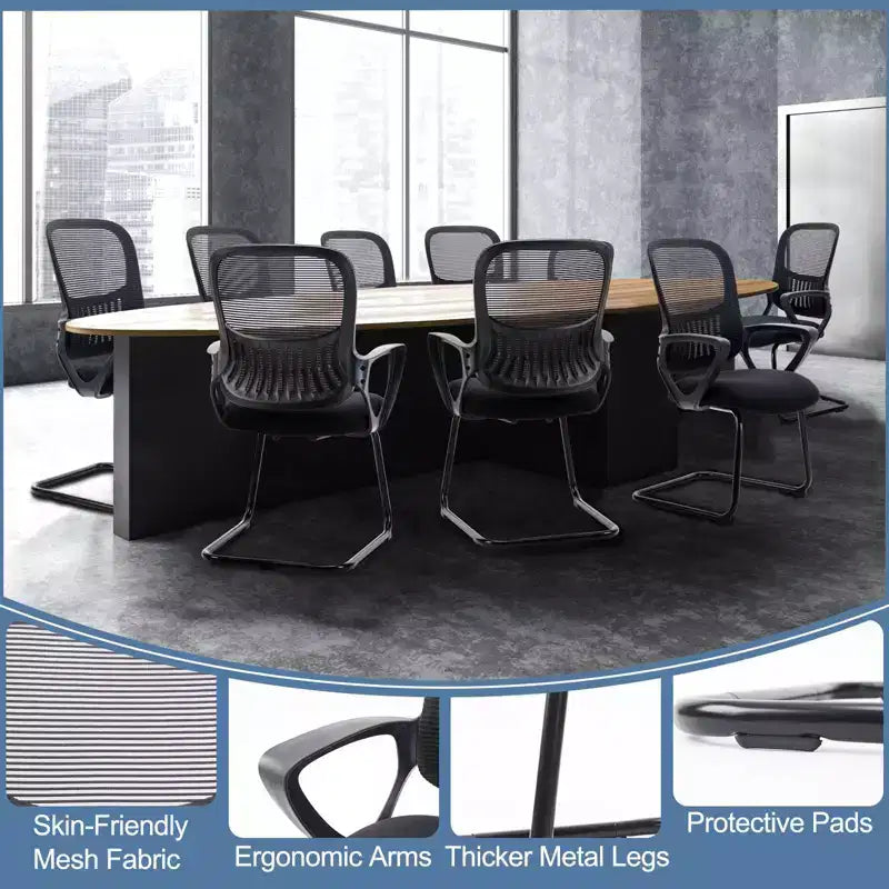 Set di 2 sedie da ufficio direzionali ergonomiche con base a slitta, schienale in rete, braccioli confortevoli, supporto lombare e senza ruote