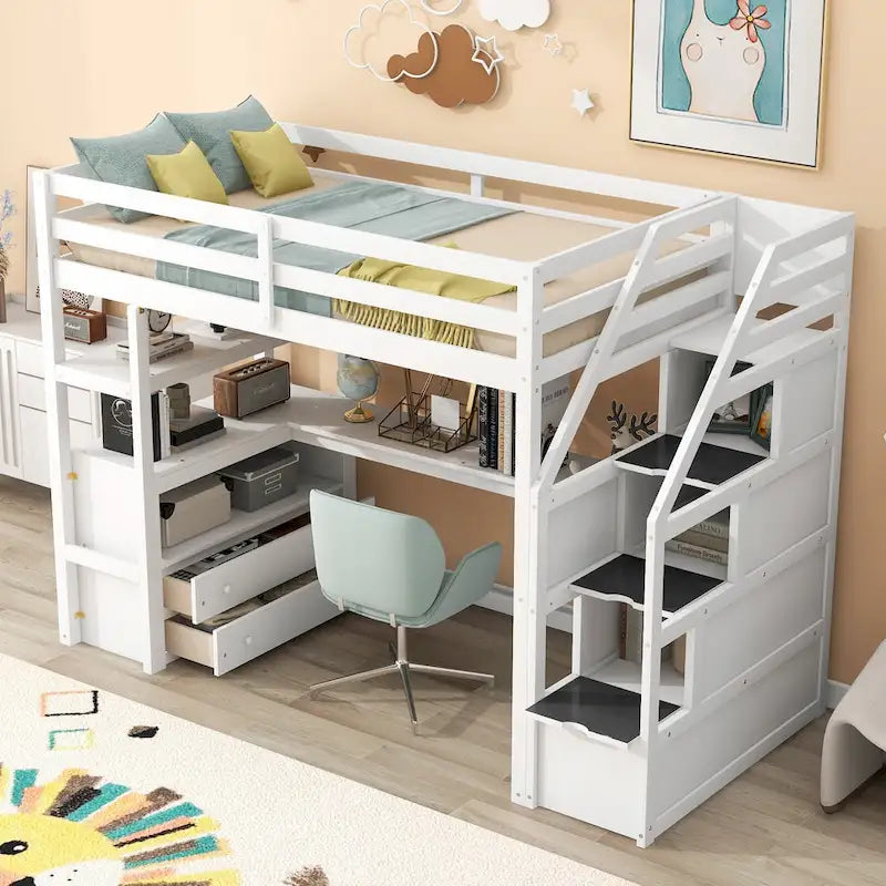 Cama alta Twin com secretária e prateleiras, duas gavetas incorporadas e escada com arrumação