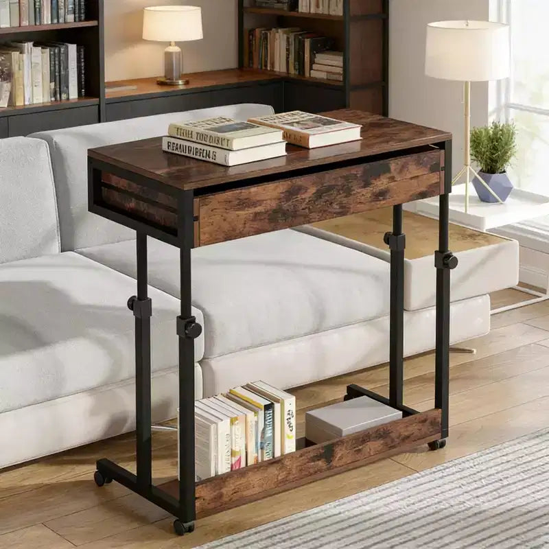 Tavolino Scrivania Mobile, Regolabile in Altezza, con Ruote, con Cassetto e Ripiano per Ufficio Domestico, Nero e Marrone