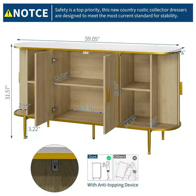 Madia Credenza da 150 cm con Ante Scanalate, Mobile Console con Gambe in Metallo, Piano Effetto Marmo, Mobile Moderno di Metà Secolo per Sala da Pranzo