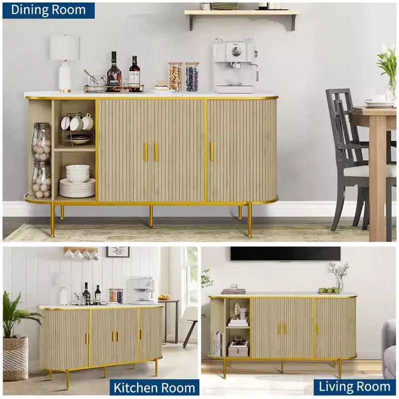 Madia Credenza da 150 cm con Ante Scanalate, Mobile Console con Gambe in Metallo, Piano Effetto Marmo, Mobile Moderno di Metà Secolo per Sala da Pranzo