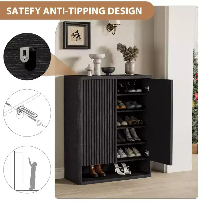 Scarpiera, Armadio da ingresso 2 pezzi, Mobile in legno nero alto 160 cm, Ante a griglia scanalate, Ripiani regolabili, Contiene 50-60 paia