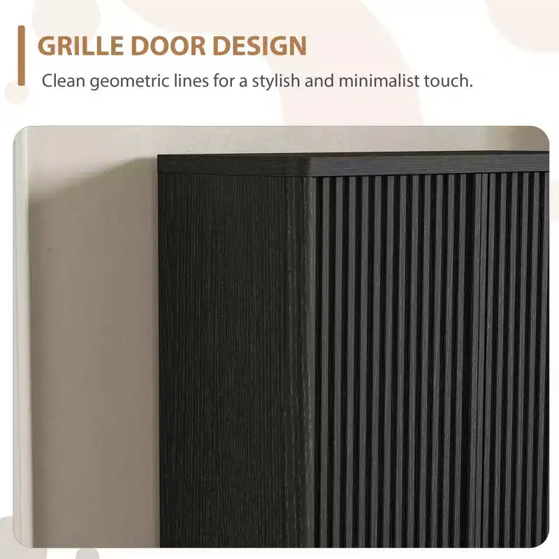 Scarpiera, Armadio da ingresso 2 pezzi, Mobile in legno nero alto 160 cm, Ante a griglia scanalate, Ripiani regolabili, Contiene 50-60 paia