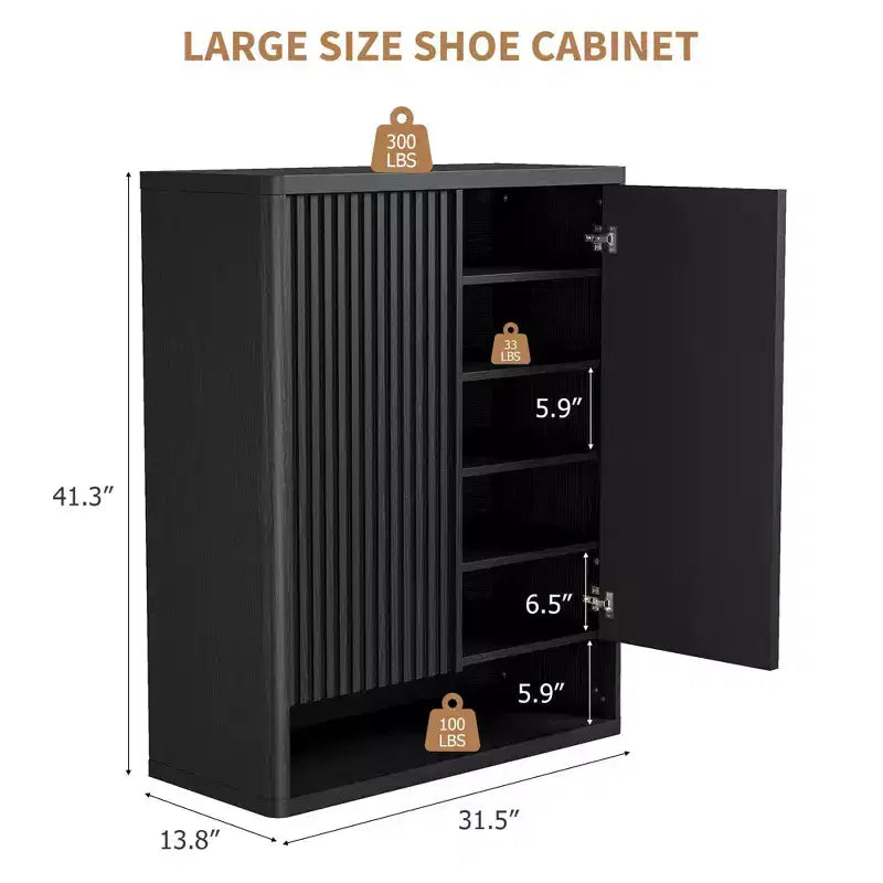 Scarpiera, Armadio da ingresso 2 pezzi, Mobile in legno nero alto 160 cm, Ante a griglia scanalate, Ripiani regolabili, Contiene 50-60 paia