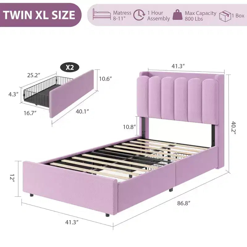 Struttura Letto Singolo con 2 Cassetti, Letto Contenitore con Testiera Ondulata, Letto a Piattaforma Imbottito per Ragazze, Nessuna Rete a Molle Necessaria, Rosa Scuro