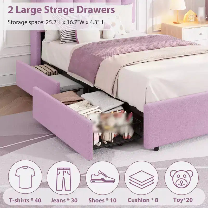 Struttura Letto Singolo con 2 Cassetti, Letto Contenitore con Testiera Ondulata, Letto a Piattaforma Imbottito per Ragazze, Nessuna Rete a Molle Necessaria, Rosa Scuro