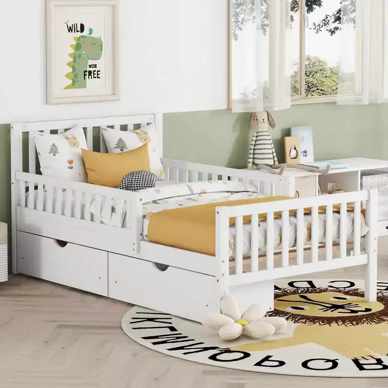 Letto a piattaforma in legno per letto singolo con sponde e due cassetti portaoggetti