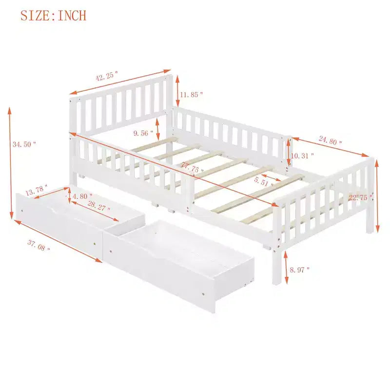 Letto a piattaforma in legno per letto singolo con sponde e due cassetti portaoggetti