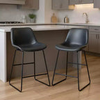 Set di due sedie da bar con schienale basso in similpelle nera e metallo, altezza bancone