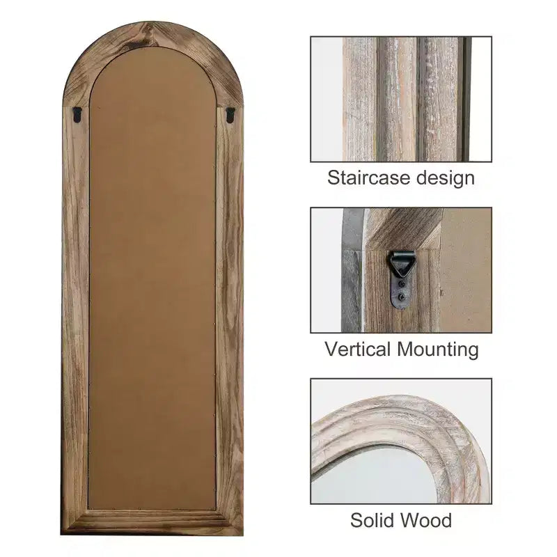 Specchio intero a forma di arco 64x21, rustico, da terra, con cornice in legno massiccio bianco invecchiato, a parete, in stile rustico, per camera da letto e soggiorno
