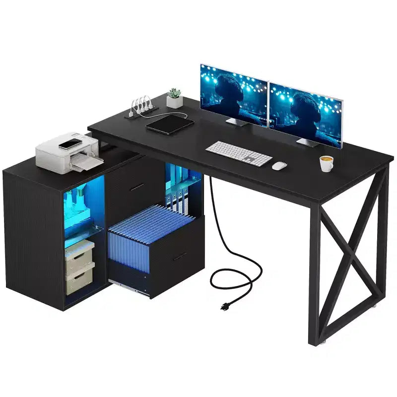 Scrivania a L nera da 55 pollici, scrivania angolare reversibile per computer con cassetti e luci a LED con 4 ripiani aperti in vetro