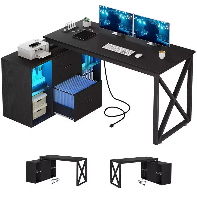 Scrivania a L nera da 55 pollici, scrivania angolare reversibile per computer con cassetti e luci a LED con 4 ripiani aperti in vetro