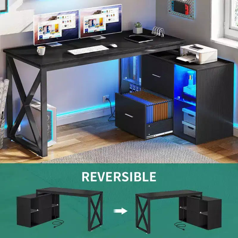 Scrivania a L nera da 55 pollici, scrivania angolare reversibile per computer con cassetti e luci a LED con 4 ripiani aperti in vetro
