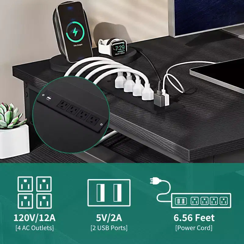 Scrivania a L nera da 55 pollici, scrivania angolare reversibile per computer con cassetti e luci a LED con 4 ripiani aperti in vetro