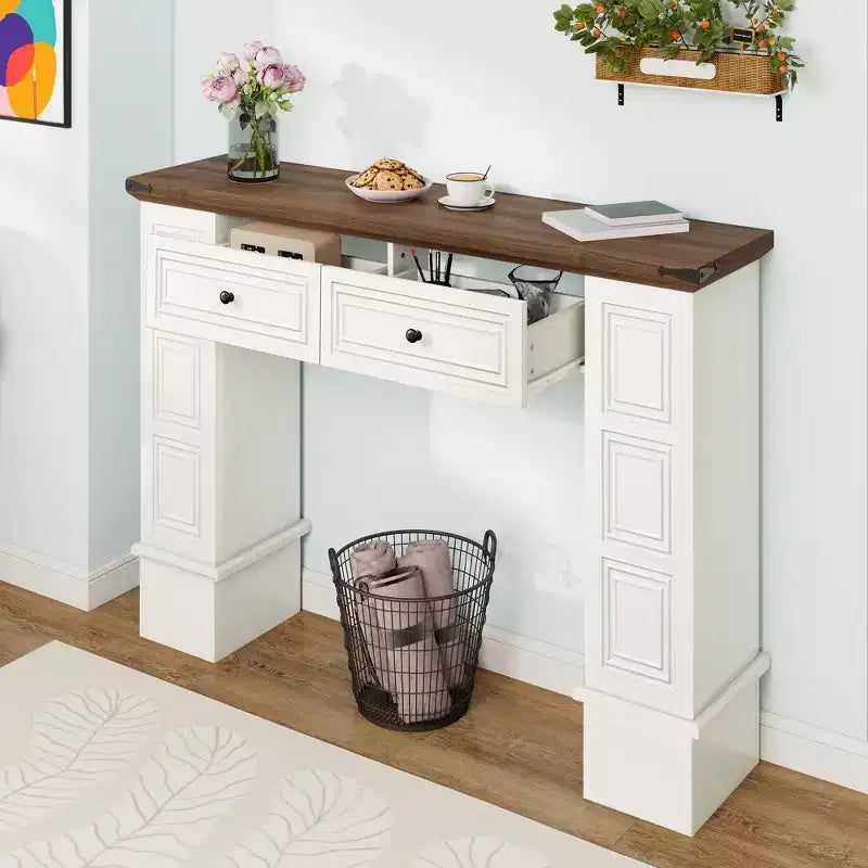 Tavolo Consolle da Fattoria da 47.2'' con Contenitore, Tavolino Stretto da Divano Dietro al Divano, Mobile Consolle d'Accento per Foyer, Ingresso, Corridoio