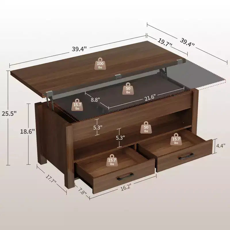 Tavolino da caffè con ripiano sollevabile 40, design convertibile multifunzione con cassetti e scomparto nascosto, trasformabile in tavolo da pranzo per soggiorno