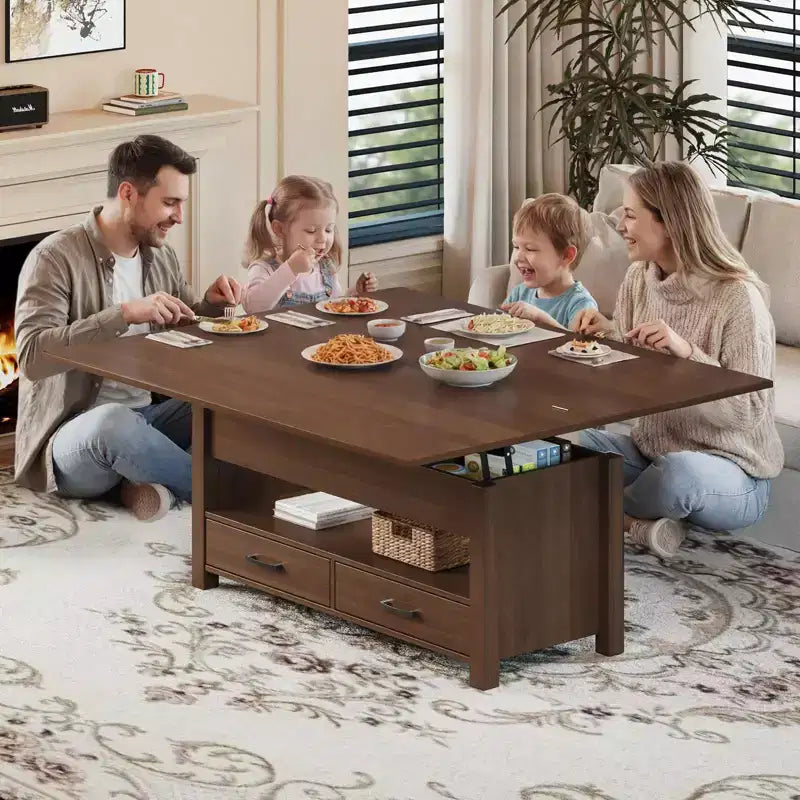Tavolino da caffè con ripiano sollevabile 40, design convertibile multifunzione con cassetti e scomparto nascosto, trasformabile in tavolo da pranzo per soggiorno