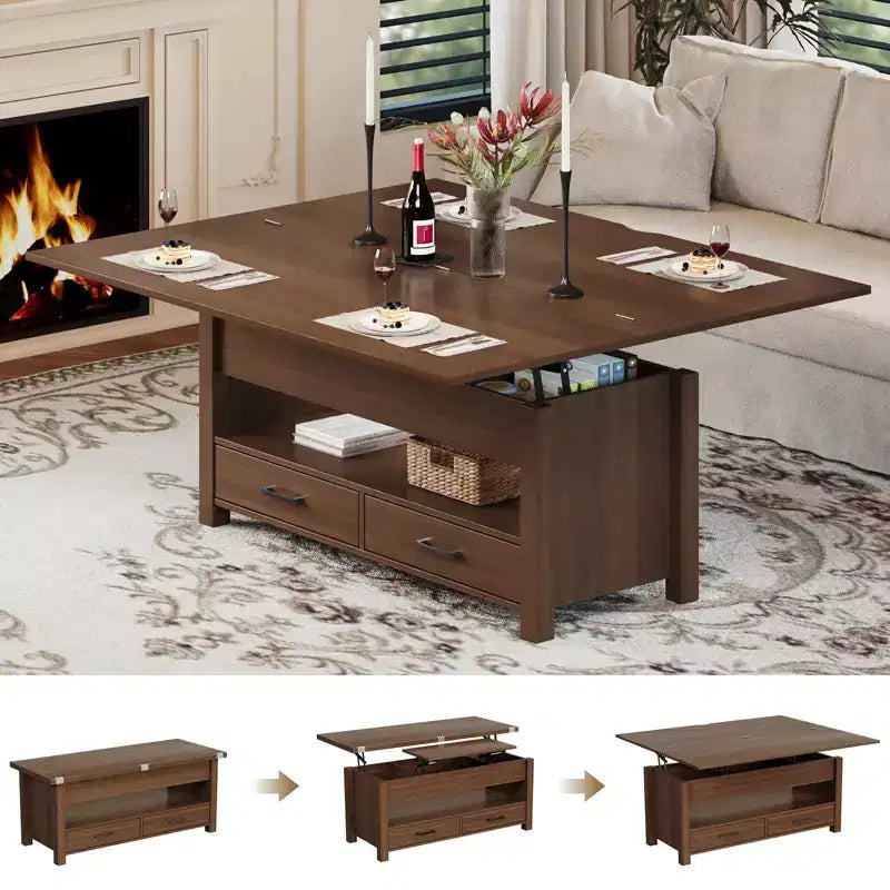 Tavolino da caffè con ripiano sollevabile 40, design convertibile multifunzione con cassetti e scomparto nascosto, trasformabile in tavolo da pranzo per soggiorno