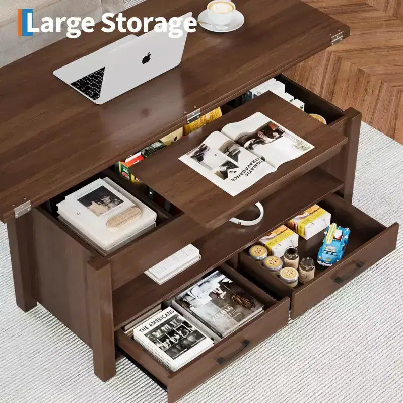 Tavolino da caffè con ripiano sollevabile 40, design convertibile multifunzione con cassetti e scomparto nascosto, trasformabile in tavolo da pranzo per soggiorno