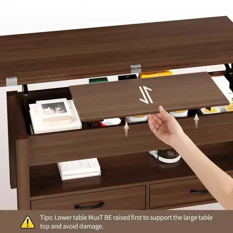 Tavolino da caffè con ripiano sollevabile 40, design convertibile multifunzione con cassetti e scomparto nascosto, trasformabile in tavolo da pranzo per soggiorno