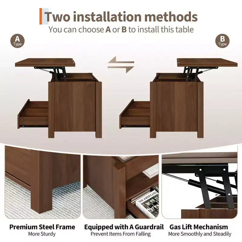 Tavolino da caffè con ripiano sollevabile 40, design convertibile multifunzione con cassetti e scomparto nascosto, trasformabile in tavolo da pranzo per soggiorno