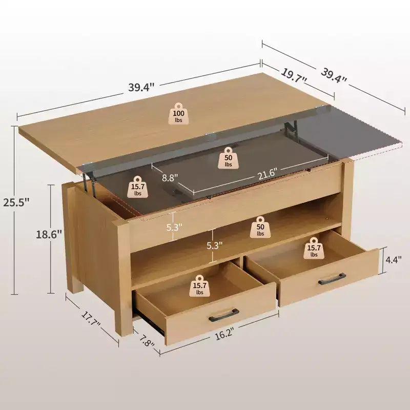 Tavolino da caffè con ripiano sollevabile 40, design convertibile multifunzione con cassetti e scomparto nascosto, trasformabile in tavolo da pranzo per soggiorno