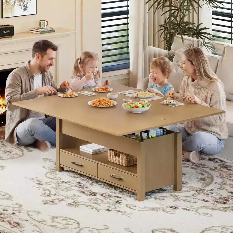 Tavolino da caffè con ripiano sollevabile 40, design convertibile multifunzione con cassetti e scomparto nascosto, trasformabile in tavolo da pranzo per soggiorno