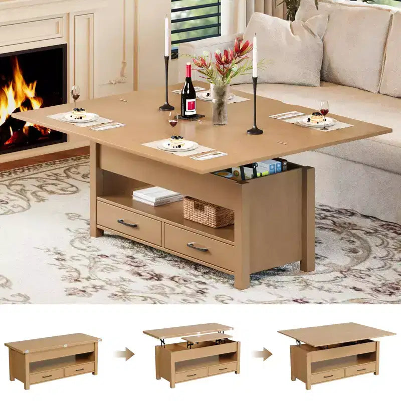 Tavolino da caffè con ripiano sollevabile 40, design convertibile multifunzione con cassetti e scomparto nascosto, trasformabile in tavolo da pranzo per soggiorno