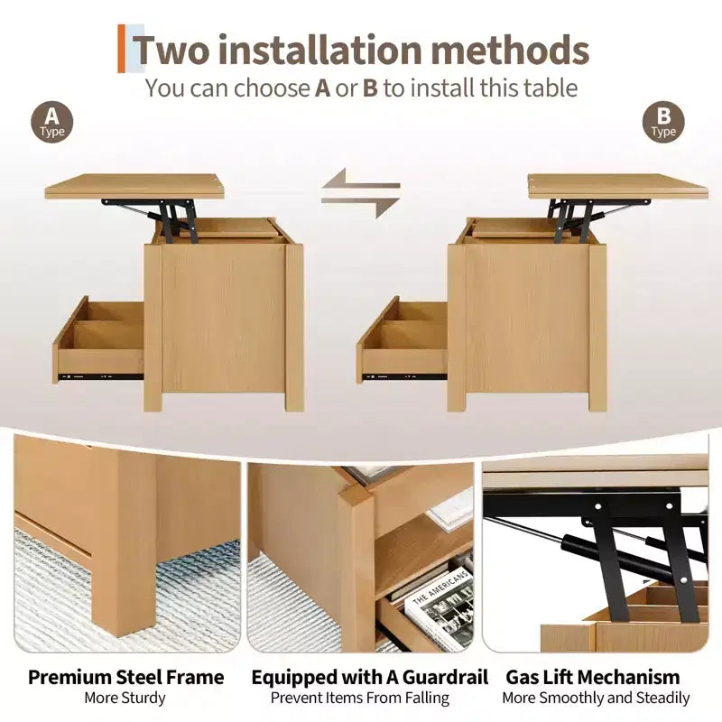 Tavolino da caffè con ripiano sollevabile 40, design convertibile multifunzione con cassetti e scomparto nascosto, trasformabile in tavolo da pranzo per soggiorno