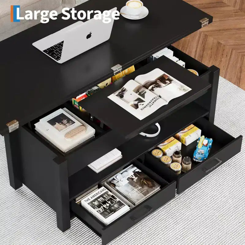 Tavolino da caffè con ripiano sollevabile 40, design convertibile multifunzione con cassetti e scomparto nascosto, trasformabile in tavolo da pranzo per soggiorno