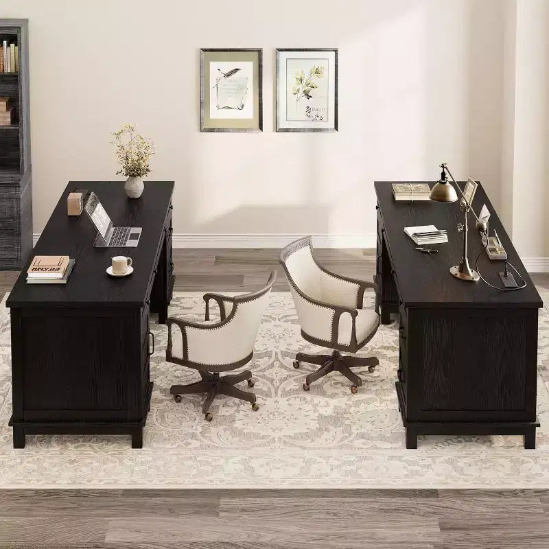 Scrivania extra-large per due persone con stazione di ricarica, spazio regolabile e cassetti per archivio, ideale per ufficio domestico condiviso e studio