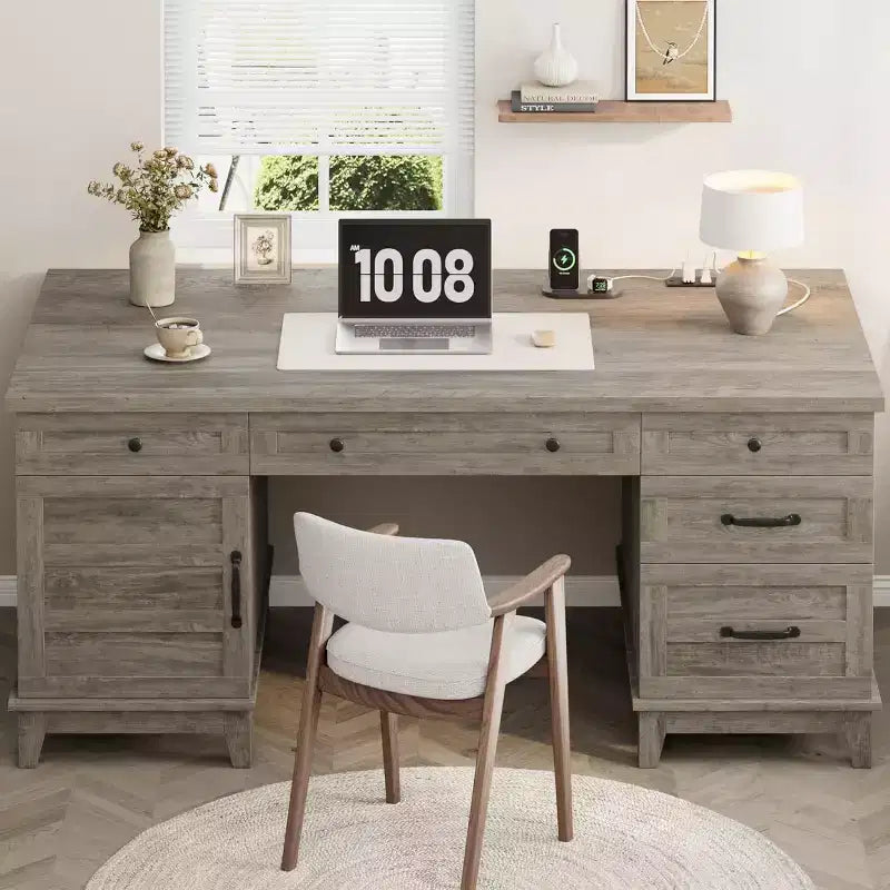 Scrivania extra-large per due persone con stazione di ricarica, spazio regolabile e cassetti per archivio, ideale per ufficio domestico condiviso e studio