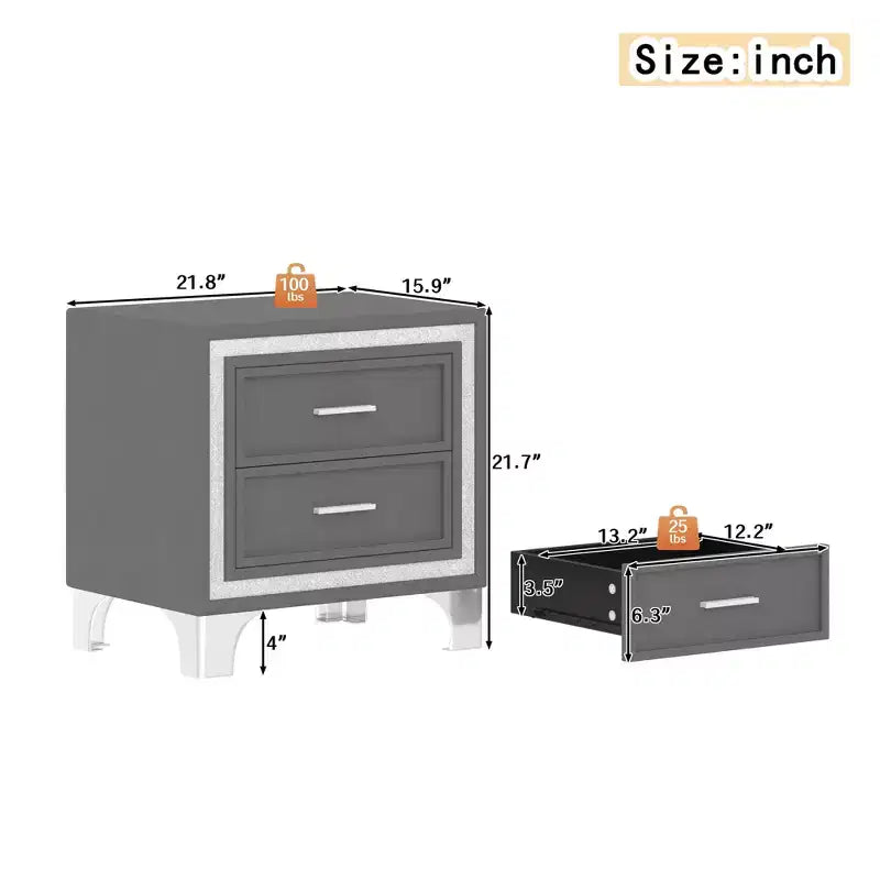 Elegante comodino lucido con maniglia in metallo, comodino a specchio con 2 cassetti per camera da letto, soggiorno, nero