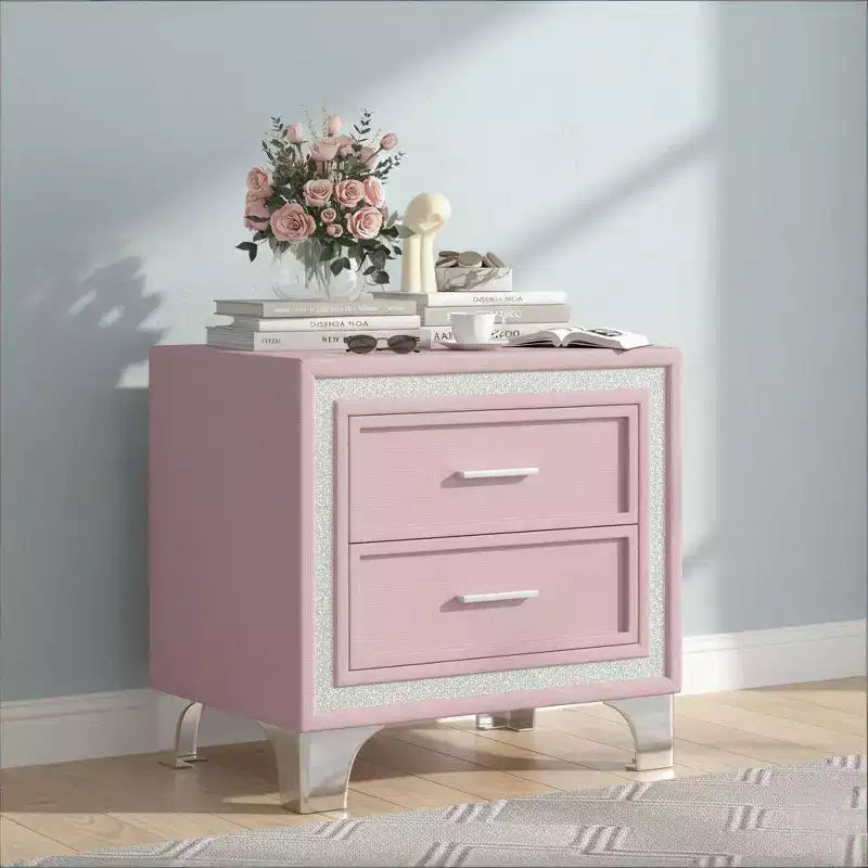 Elegante comodino lucido con maniglia in metallo, comodino a specchio con 2 cassetti per camera da letto, soggiorno, nero