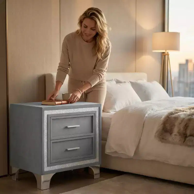 Elegante comodino lucido con maniglia in metallo, comodino a specchio con 2 cassetti per camera da letto, soggiorno, nero