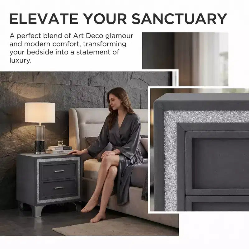 Elegante comodino lucido con maniglia in metallo, comodino a specchio con 2 cassetti per camera da letto, soggiorno, nero