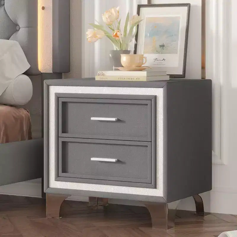 Elegante comodino lucido con maniglia in metallo, comodino a specchio con 2 cassetti per camera da letto, soggiorno, nero