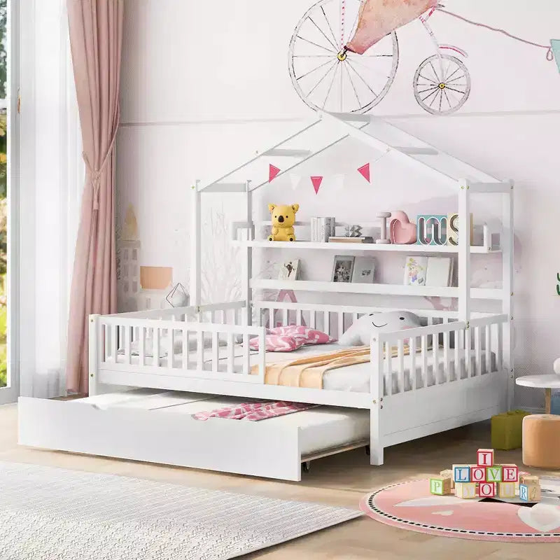Letto a casetta in legno full size con letto estraibile singolo per bambini