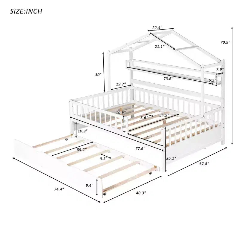 Letto a casetta in legno full size con letto estraibile singolo per bambini