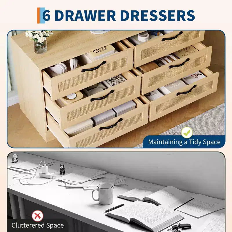 Mobile TV moderno con supporto per TV da 32-85 pollici, cassettiera a 6 cassetti in rattan, console multimediale con ampio spazio di archiviazione per soggiorno o camera da letto