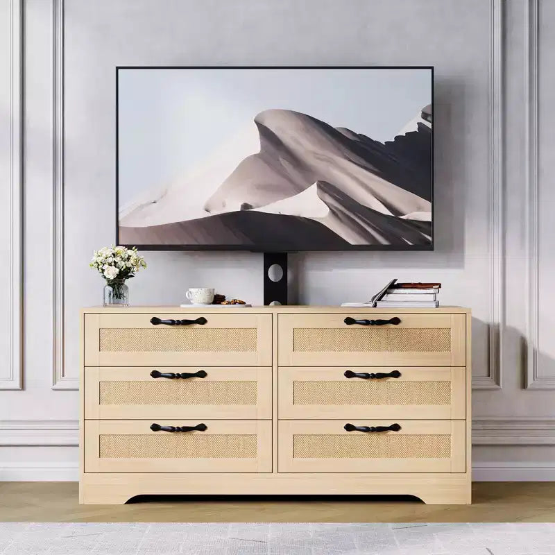 Mobile TV moderno con supporto per TV da 32-85 pollici, cassettiera a 6 cassetti in rattan, console multimediale con ampio spazio di archiviazione per soggiorno o camera da letto