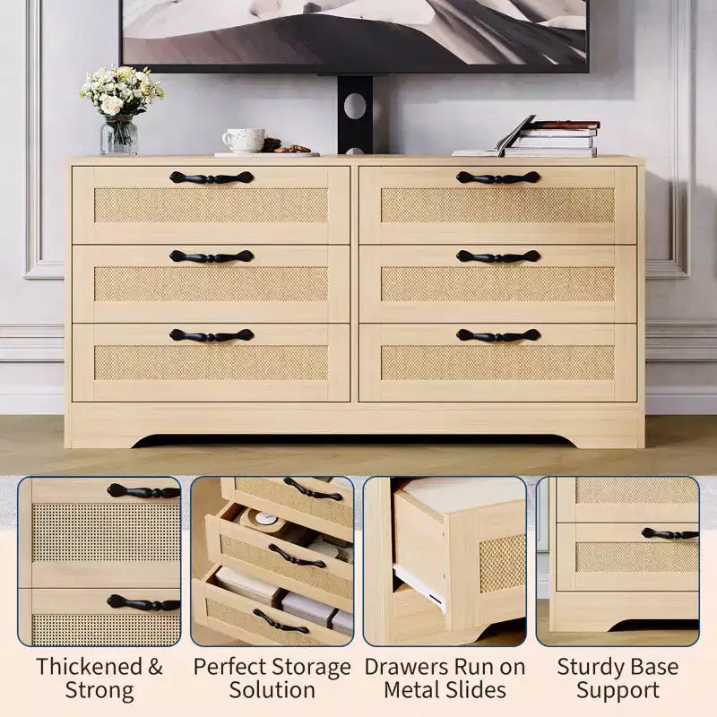 Mobile TV moderno con supporto per TV da 32-85 pollici, cassettiera a 6 cassetti in rattan, console multimediale con ampio spazio di archiviazione per soggiorno o camera da letto