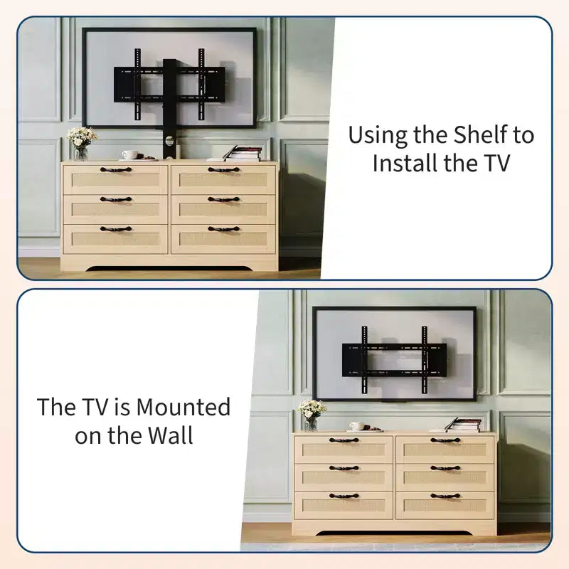 Mobile TV moderno con supporto per TV da 32-85 pollici, cassettiera a 6 cassetti in rattan, console multimediale con ampio spazio di archiviazione per soggiorno o camera da letto