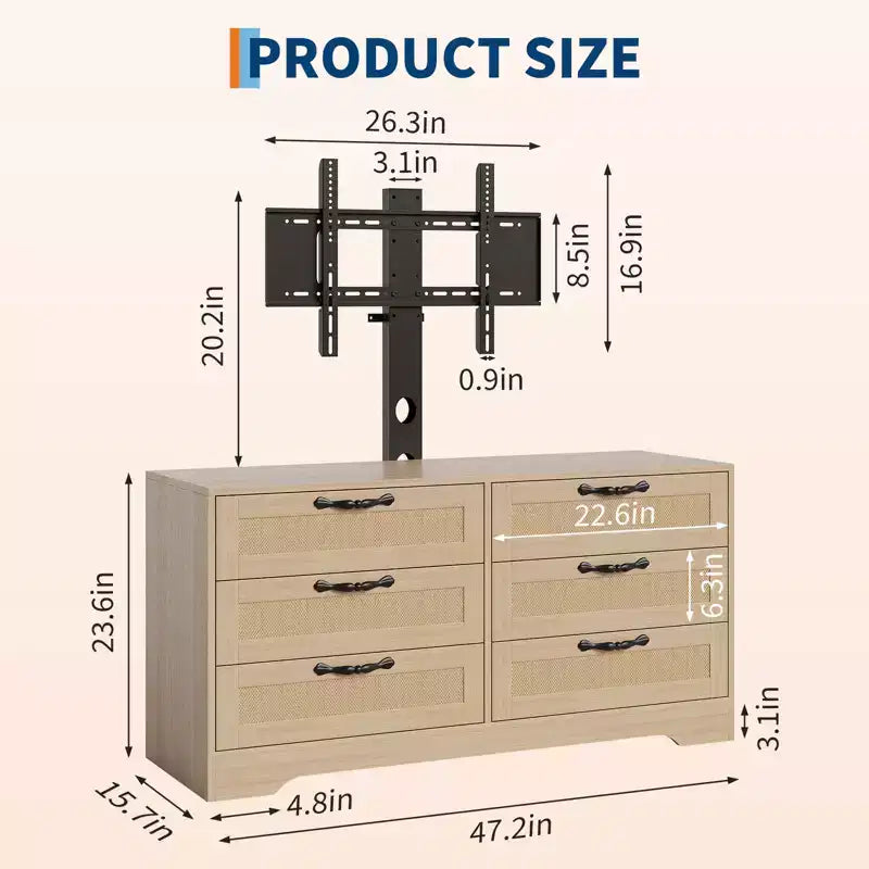 Mobile TV moderno con supporto per TV da 32-85 pollici, cassettiera a 6 cassetti in rattan, console multimediale con ampio spazio di archiviazione per soggiorno o camera da letto
