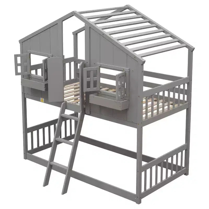Letto a Castello a Casetta, una Piazza e Mezza, con Tetto e Finestre per Bambini, Struttura in Legno con Porta, Scala e Ringhiera