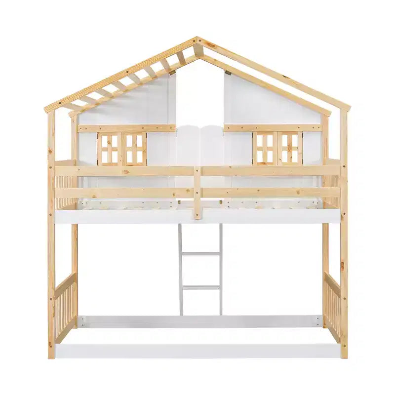 Letto a Castello a Casetta, una Piazza e Mezza, con Tetto e Finestre per Bambini, Struttura in Legno con Porta, Scala e Ringhiera